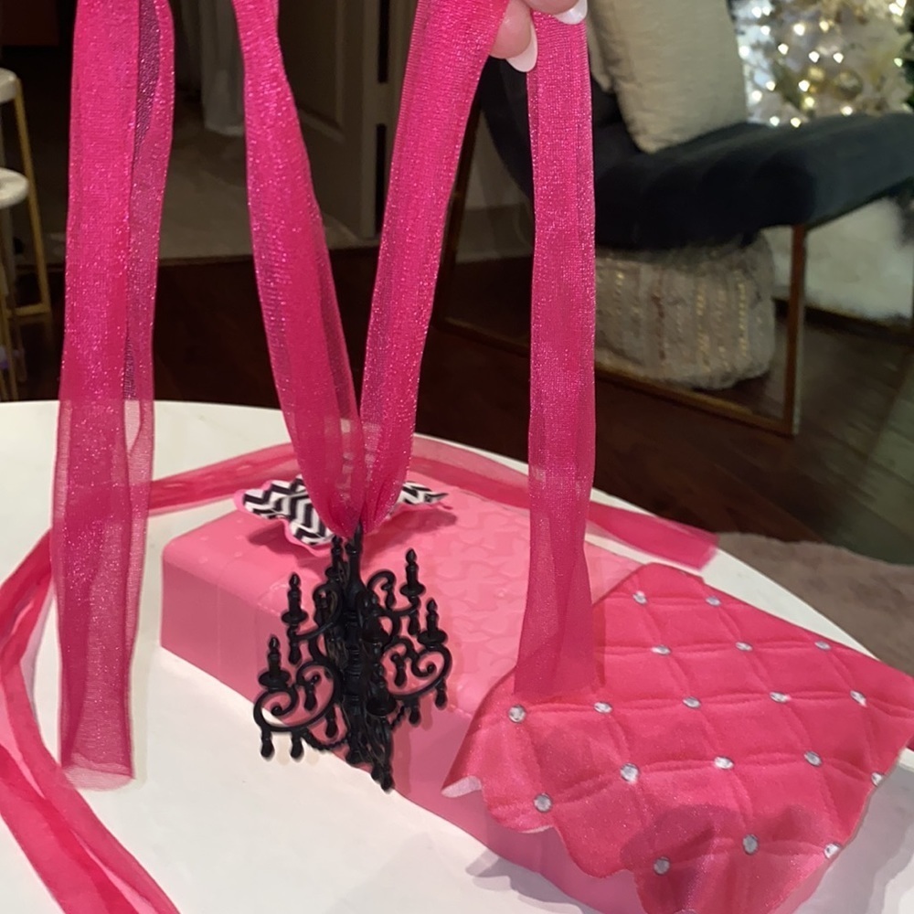 Barbie bed pink silver blanket black white pillow black chandelier pink drapes‌ - Picture 3 of 14